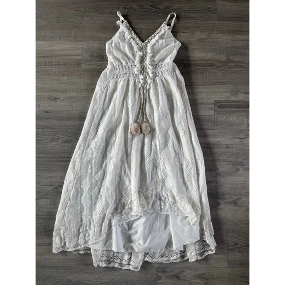 Boho Lace Hi Low Maxi Dress Ivory Cottagecore Romantic Festival EUC No Tags - Picture 3 of 11